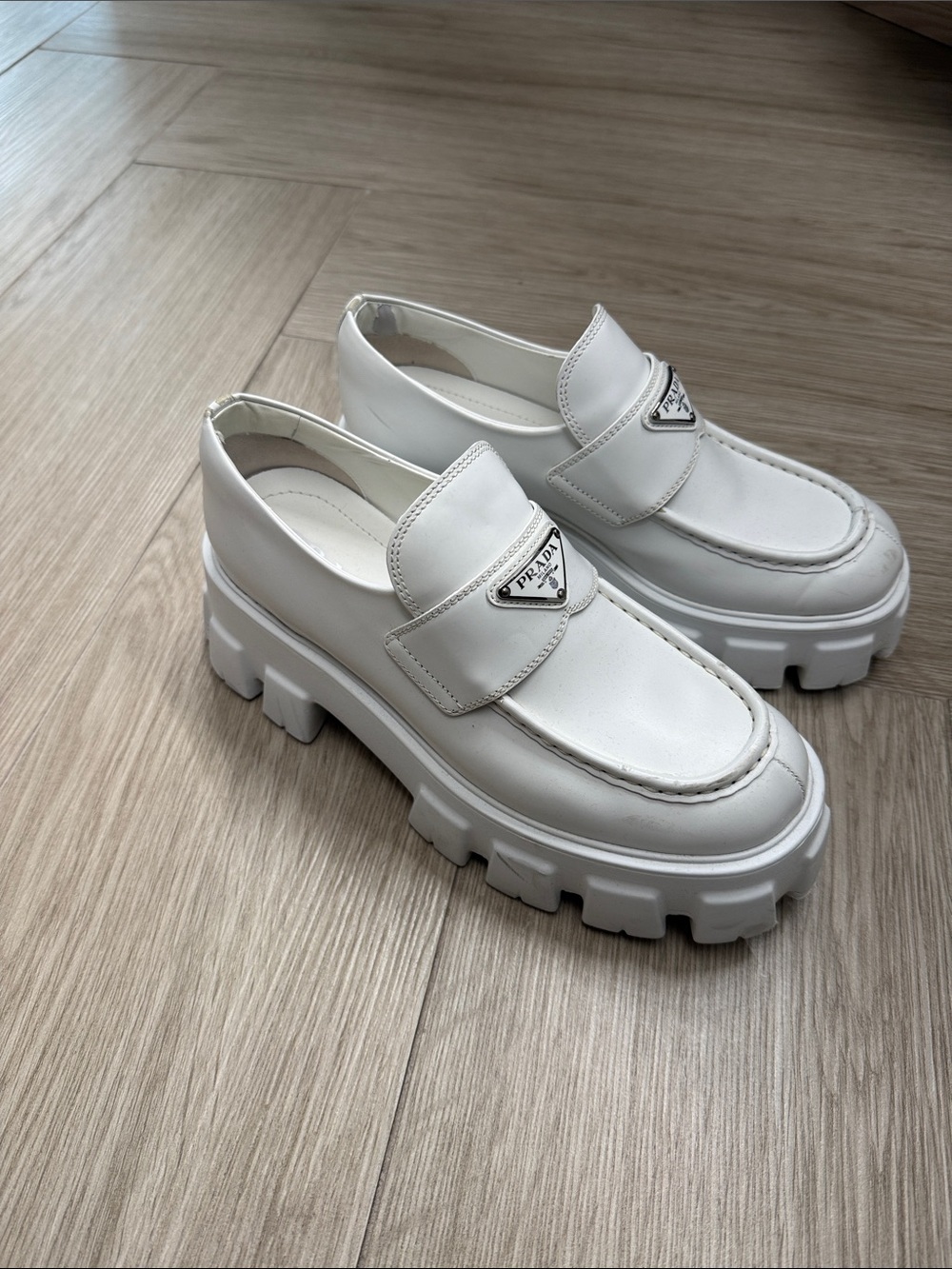 Prada White Leather Chunky Lug Sole Loafers
